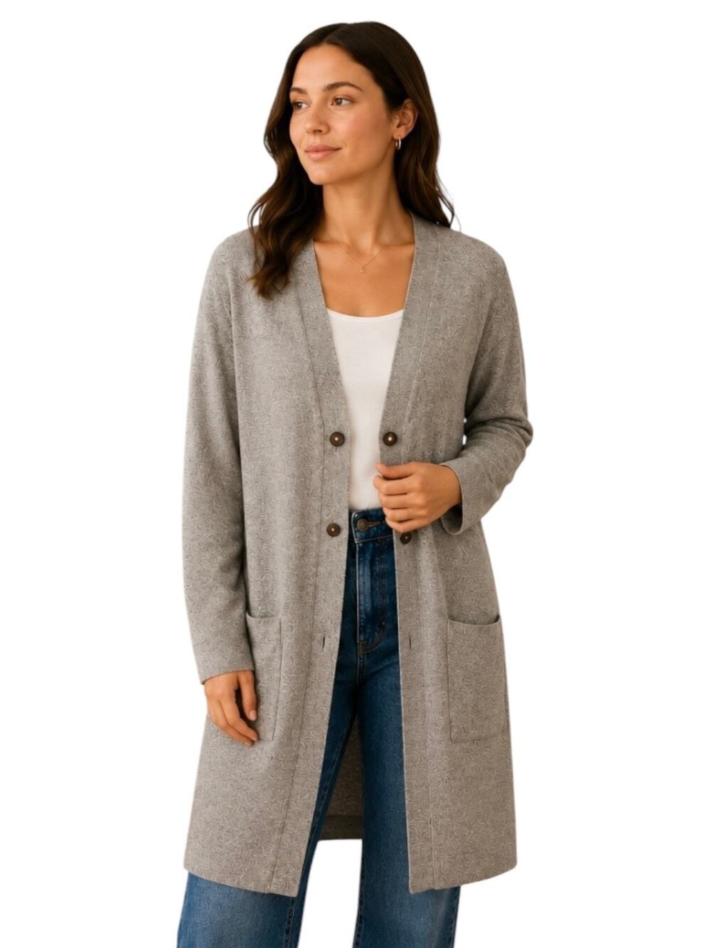 J. Jill Lagenlook Oatmeal Beige Knit Button Front Duster Cardigan Sweater Large